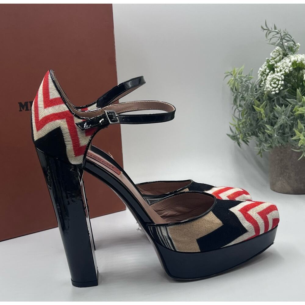 Missoni Tessuto Zigzag Print Fabric Leather Platform Strap 5” Heels Shoes 7.5/38 - Picture 6 of 16